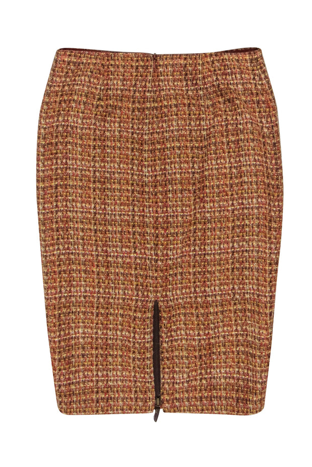 Current Boutique-David Meister - Orange, Red, Yellow & Gold Tweed Pencil Skirt Sz 4