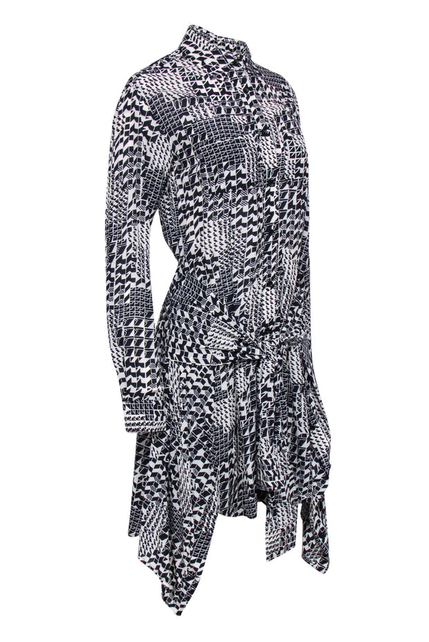 Current Boutique-Derek Lam - Black & Cream Print Button Front Wrap Tie Bottom Dress Sz 0
