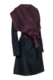 Current Boutique-Diane von Furstenberg - Black Wool Wrap Coat w/ Burgundy Lining Sz S
