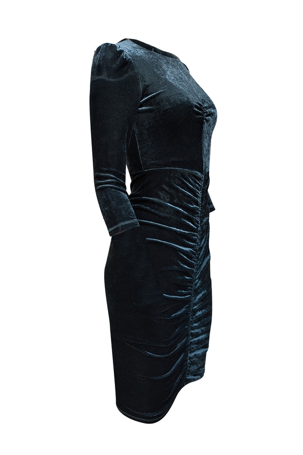 Diane von Furstenberg - Green Velvet Ruched Long Sleeve Midi Dress Sz 0 - Current Boutique