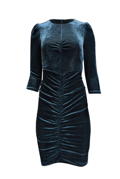 Diane von Furstenberg - Green Velvet Ruched Long Sleeve Midi Dress Sz 0 - Current Boutique
