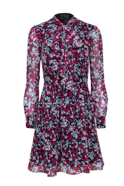 Current Boutique-Diane von Furstenberg - Navy, Pink, & White Floral Print Long Sleeve Silk Mini Dress Sz 0
