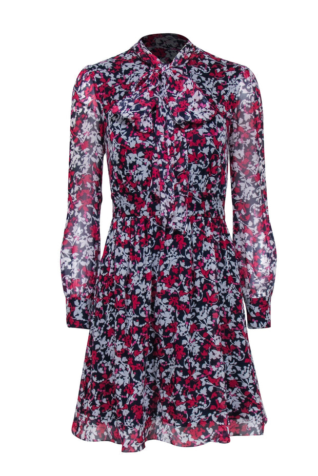 Current Boutique-Diane von Furstenberg - Navy, Pink, & White Floral Print Long Sleeve Silk Mini Dress Sz 0