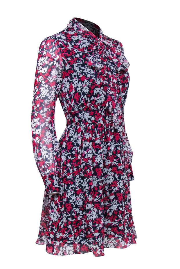 Current Boutique-Diane von Furstenberg - Navy, Pink, & White Floral Print Long Sleeve Silk Mini Dress Sz 0