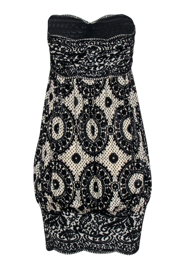 Current Boutique-Diane von Furstenberg - Black w/ Cream Print Velvet Burnout Strapless Dress Sz 4