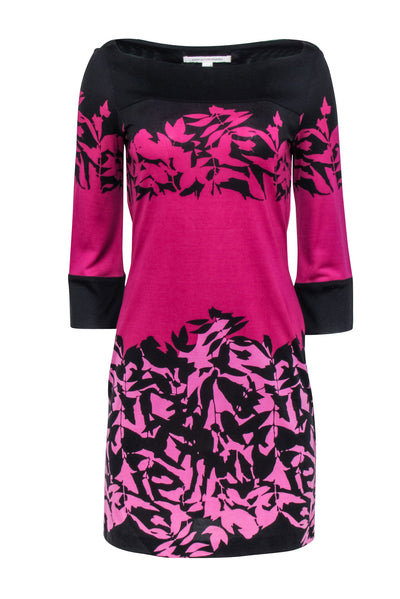 Current Boutique-Diane von Furstenberg - Pink & Black Floral Print Long Sleeve Shift Dress Sz 4