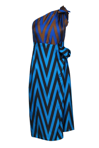 Current Boutique-Diane von Furstenberg - Teal, Blue, Black, & Tan Polka Dot Print One Shoulder Dress Sz 8