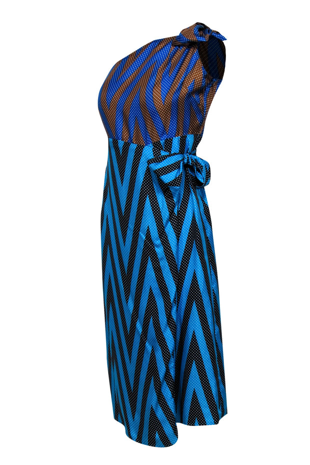 Current Boutique-Diane von Furstenberg - Teal, Blue, Black, & Tan Polka Dot Print One Shoulder Dress Sz 8