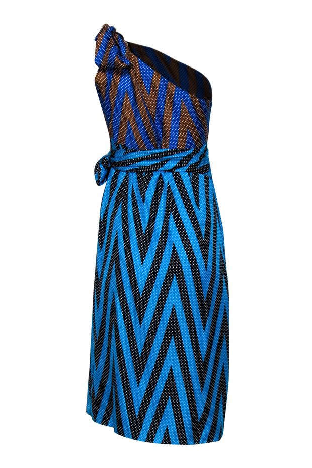 Current Boutique-Diane von Furstenberg - Teal, Blue, Black, & Tan Polka Dot Print One Shoulder Dress Sz 8