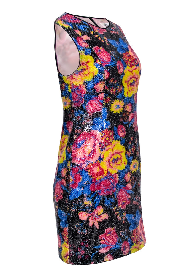 Current Boutique-Diane von Furstenberg - Black w/ Multicolor Floral Sequin Sheath Dress Sz 8
