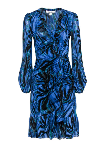 Current Boutique-Diane von Furstenberg - Indigo, Teal, & Black Tie-Dye Zebra Print Ruched Dress Sz M