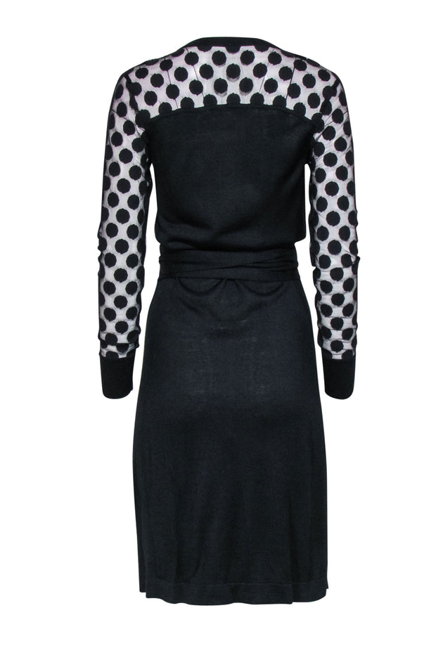 Current Boutique-Diane von Furstenberg - Black Wrap Dress w/ Semi Sheer Polka Dot Sleeves Sz S