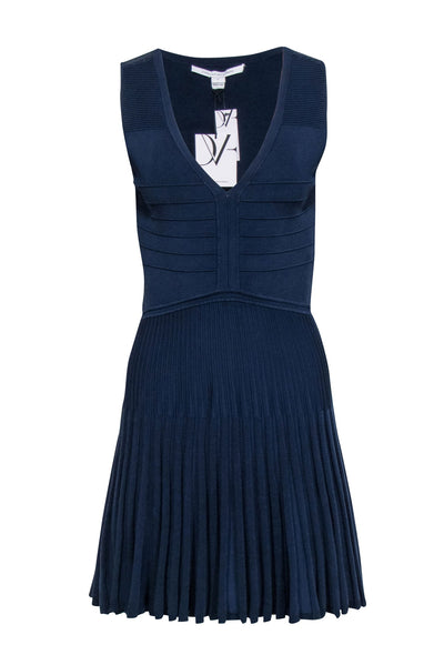 Current Boutique-Diane von Furstenberg - Navy Knit Sleeveless Pleated Dress Sz S