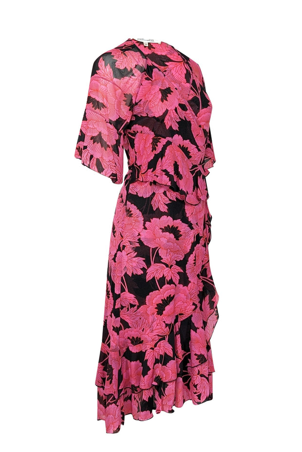 Current Boutique-Diane von Furstenberg - Pink & Black Cropped Sleeve Floral Wrap Midi Dress Sz S