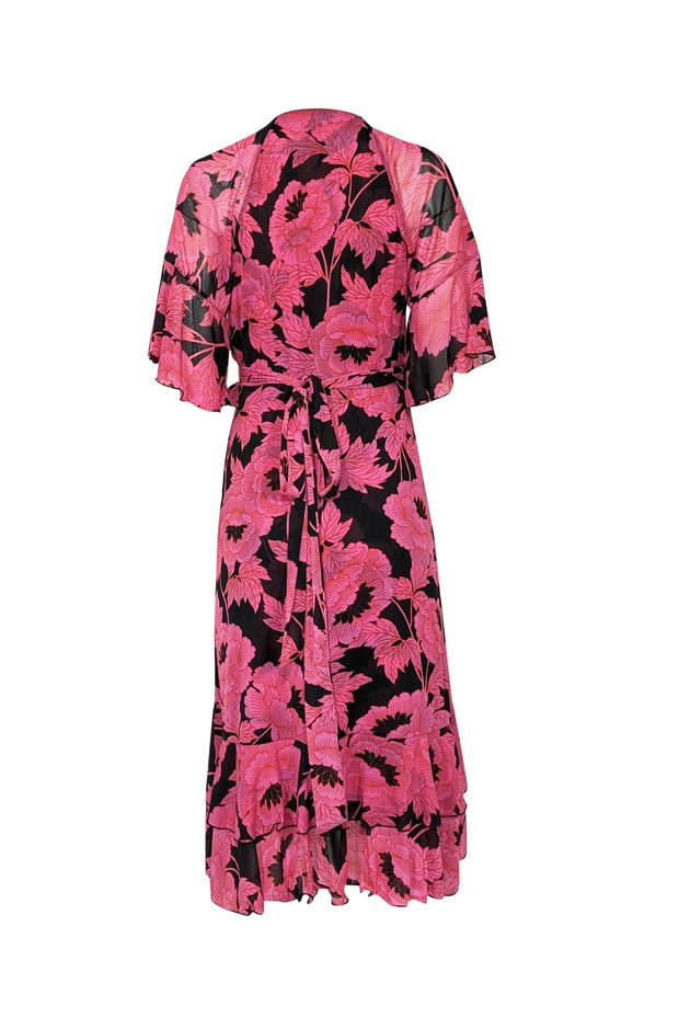 Current Boutique-Diane von Furstenberg - Pink & Black Cropped Sleeve Floral Wrap Midi Dress Sz S