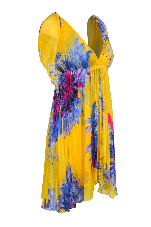 Current Boutique-Diane von Furstenberg - Yellow Floral Print Pleated Dress Sz 10