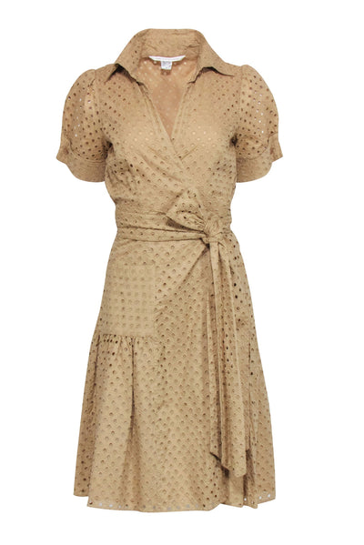 Current Boutique-Diane von Furstenberg - Beige Eyelet Short Sleeve Wrap Dress Sz 12