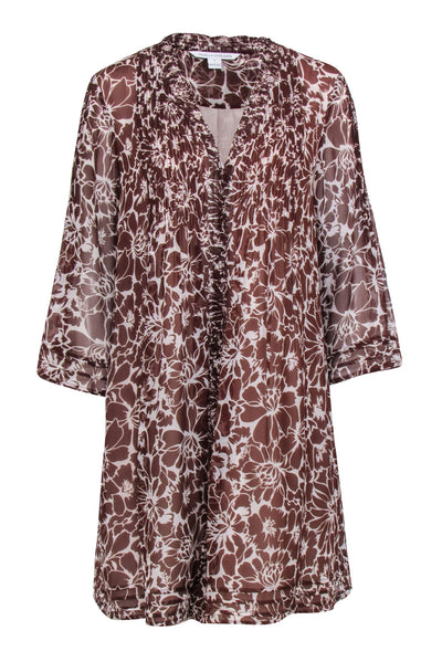 Current Boutique-Diane von Furstenberg - Brown & White Floral Print Mini Shirtdress Sz 12
