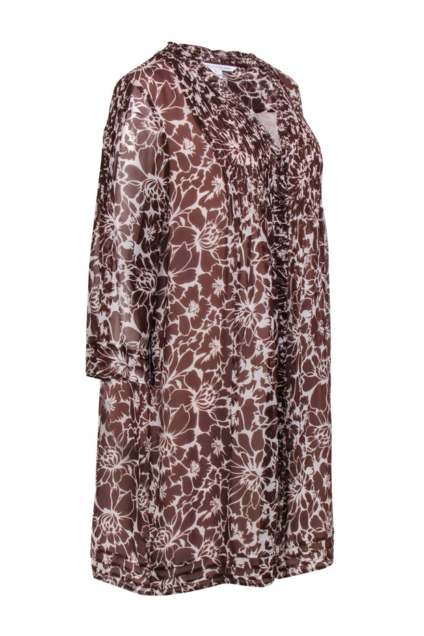 Current Boutique-Diane von Furstenberg - Brown & White Floral Print Mini Shirtdress Sz 12