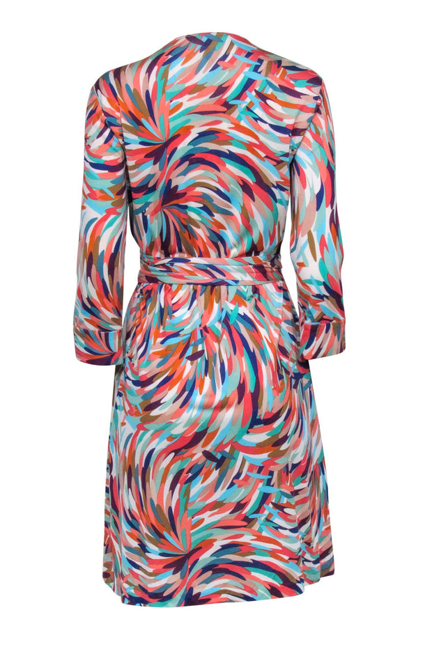 Current Boutique-Diane von Furstenberg - Orange, Blue & Multicolor Feather Print Wrap Dress Sz 12