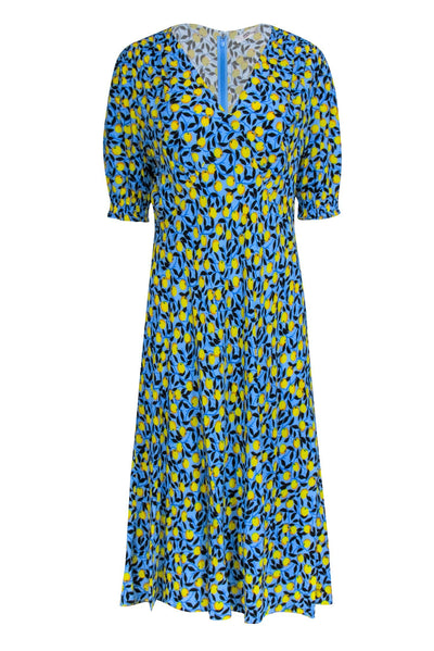 Current Boutique-Diane von Furstenberg - Blue w/ Lemon Print Short Sleeve Dress Sz 14