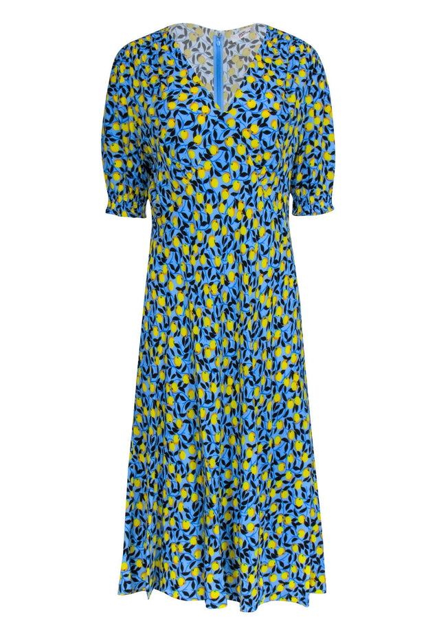 Current Boutique-Diane von Furstenberg - Blue w/ Lemon Print Short Sleeve Dress Sz 14
