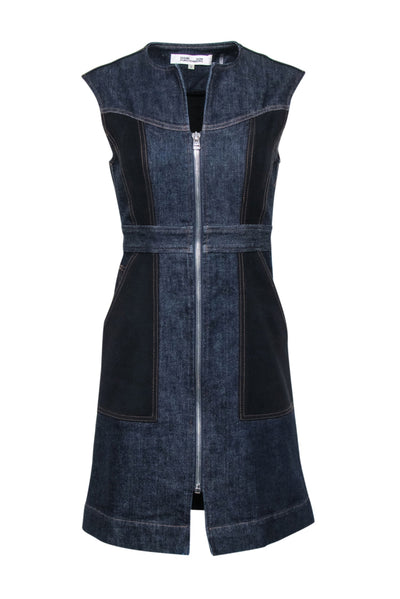 Current Boutique-Diane von Furstenberg - Dark Wash Denim & Black Zipper Front Dress Sz 2