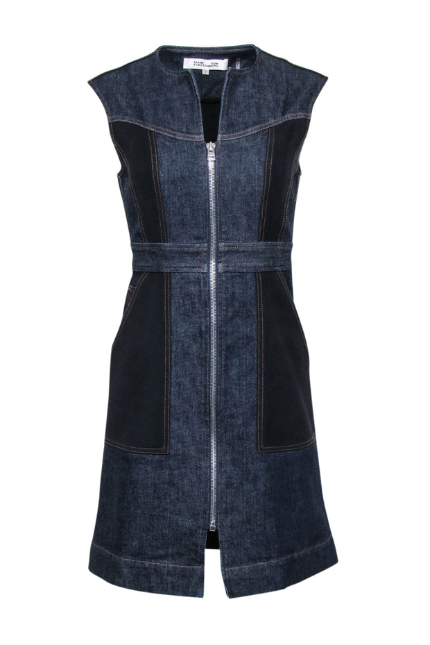 Current Boutique-Diane von Furstenberg - Dark Wash Denim & Black Zipper Front Dress Sz 2