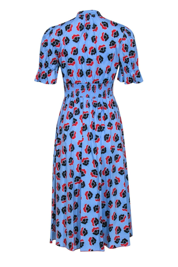 Current Boutique-Diane von Furstenberg - Blue w/ Red & Black Floral Short Sleeve Button Front Dress Sz 4