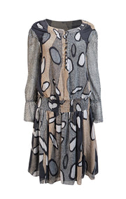 Diane von Furstenberg - Black, White, & Tan Print Silk Blouson Dress Sz 6 - Current Boutique