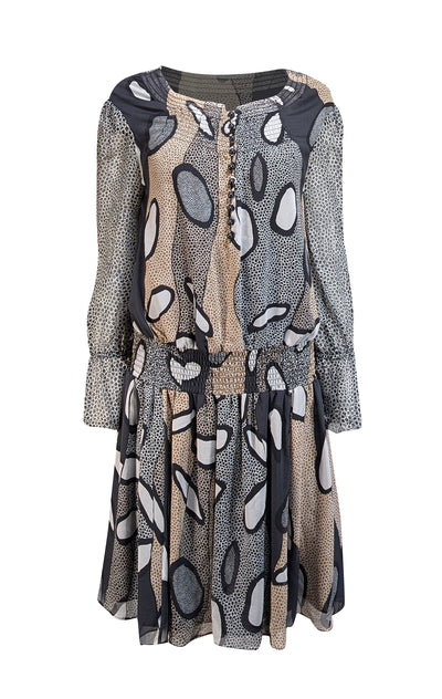 Diane von Furstenberg - Black, White, & Tan Print Silk Blouson Dress Sz 6 - Current Boutique