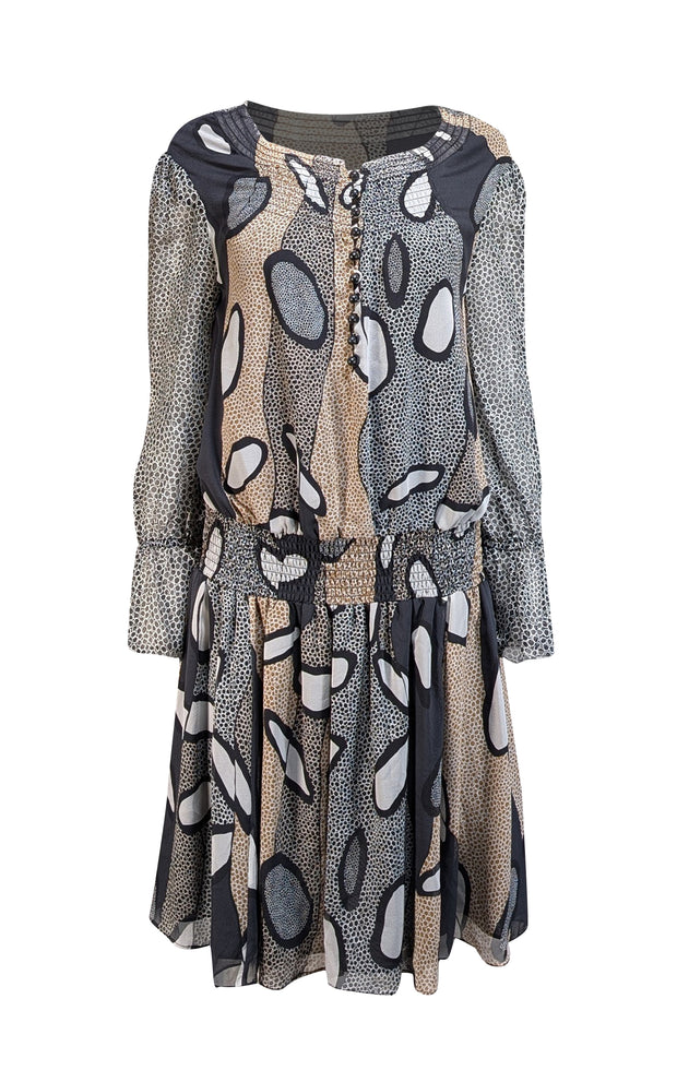 Diane von Furstenberg - Black, White, & Tan Print Silk Blouson Dress Sz 6 - Current Boutique