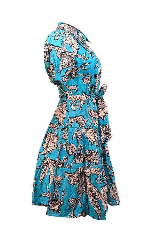 Current Boutique-Diane von Furstenberg - Turquoise & White Floral Printed Fil Coupé Dress Sz 6