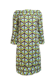 Current Boutique-Diane von Furstenberg - Green, Blue, Beige, &amp; Black Print Cropped Sleeve Dress Sz 6