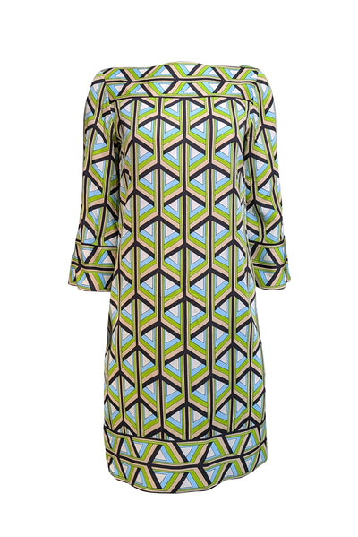 Current Boutique-Diane von Furstenberg - Green, Blue, Beige, &amp; Black Print Cropped Sleeve Dress Sz 6