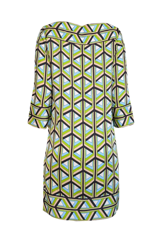 Current Boutique-Diane von Furstenberg - Green, Blue, Beige, &amp; Black Print Cropped Sleeve Dress Sz 6
