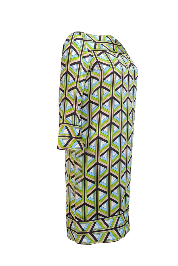 Current Boutique-Diane von Furstenberg - Green, Blue, Beige, &amp; Black Print Cropped Sleeve Dress Sz 6