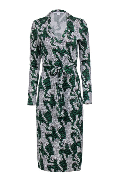 Current Boutique-Diane von Furstenberg - Green w/ White & Black Leopards Wrap Dress Sz 8