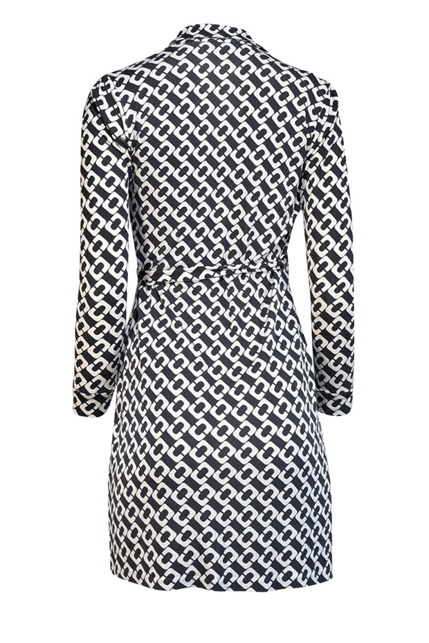 Diane von Furstenberg - Black & White Chain Link Print Silk Wrap Dress Sz 4 - Current Boutique