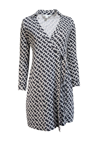 Diane von Furstenberg - Black & White Chain Link Print Silk Wrap Dress Sz 4 - Current Boutique