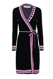 Current Boutique-Diane von Furstenberg - Black Knit Wrap Dress w/ Pink Instarsia Trim Sz S