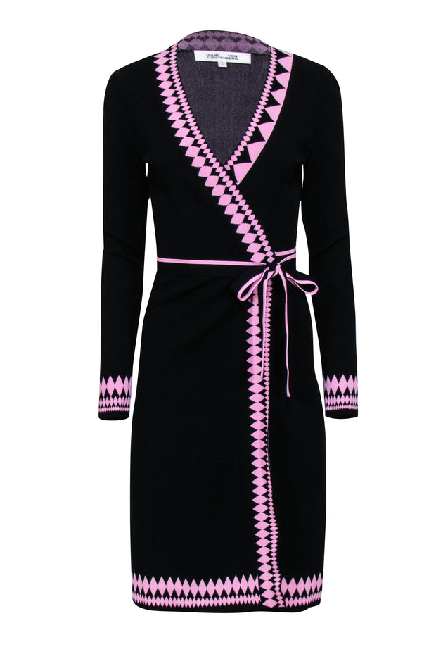 Current Boutique-Diane von Furstenberg - Black Knit Wrap Dress w/ Pink Instarsia Trim Sz S