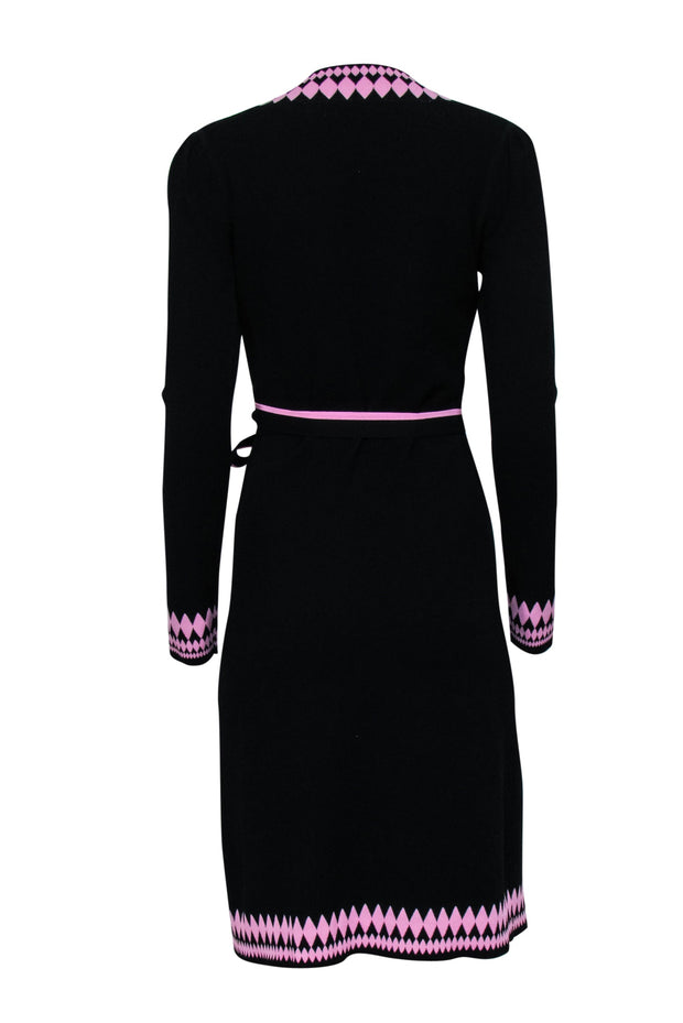Current Boutique-Diane von Furstenberg - Black Knit Wrap Dress w/ Pink Instarsia Trim Sz S