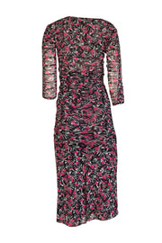 Diane von Furstenberg - Black w/ Pink & Green Floral Print Ruched Mesh Dress Sz XS - Current Boutique