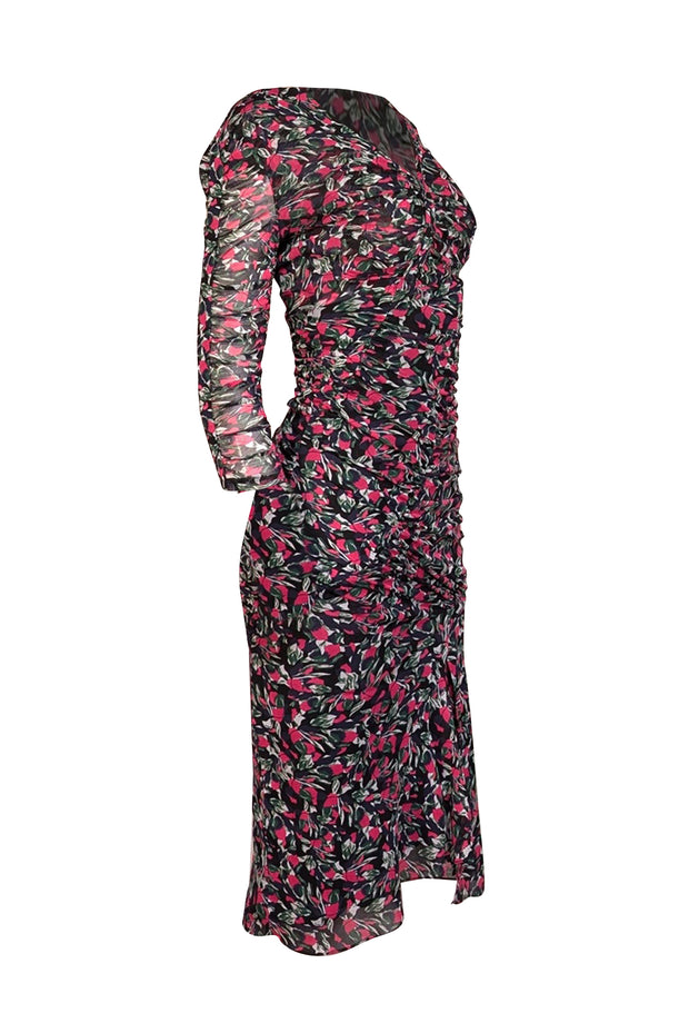 Diane von Furstenberg - Black w/ Pink & Green Floral Print Ruched Mesh Dress Sz XS - Current Boutique