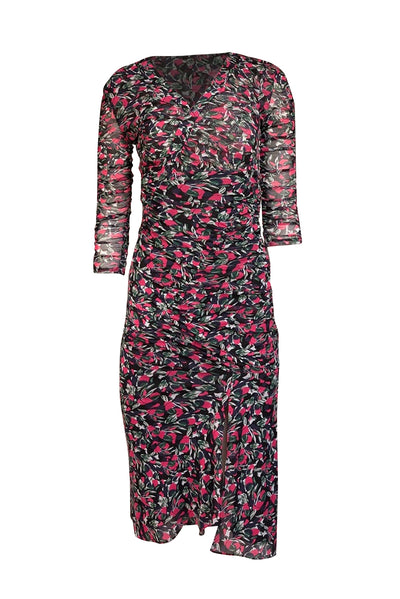 Diane von Furstenberg - Black w/ Pink & Green Floral Print Ruched Mesh Dress Sz XS - Current Boutique