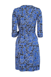 Diane von Furstenberg - Blue & Black Floral Print Cotton-Silk Blend Wrap Dress Sz 2 - Current Boutique