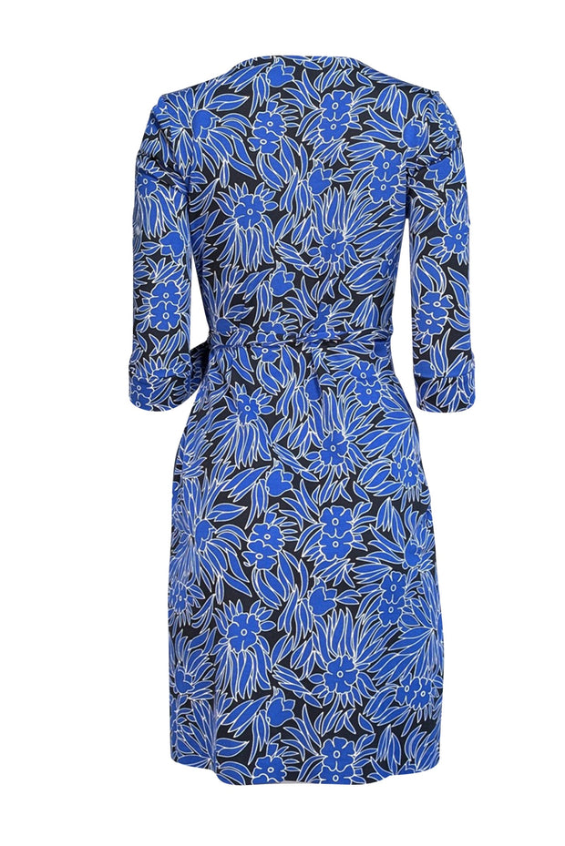 Diane von Furstenberg - Blue & Black Floral Print Cotton-Silk Blend Wrap Dress Sz 2 - Current Boutique