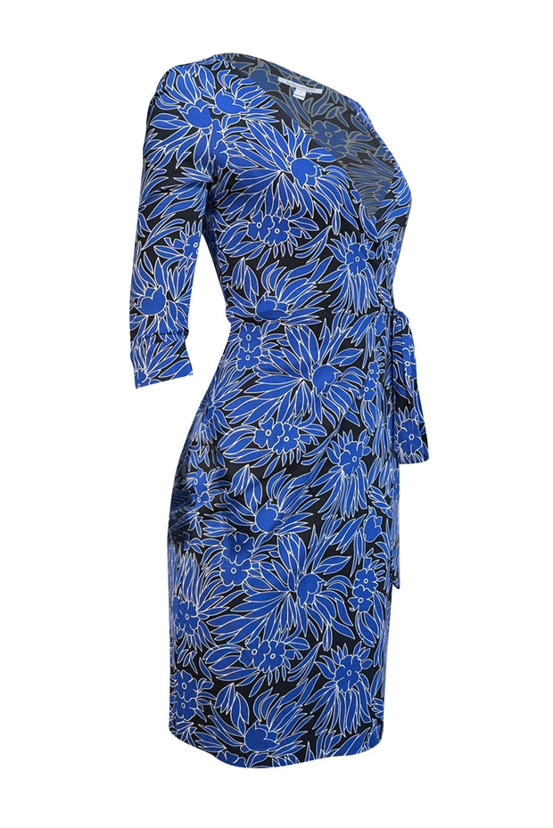 Diane von Furstenberg - Blue & Black Floral Print Cotton-Silk Blend Wrap Dress Sz 2 - Current Boutique