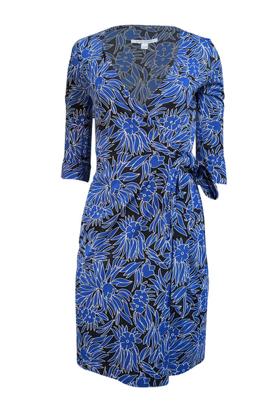 Diane von Furstenberg - Blue & Black Floral Print Cotton-Silk Blend Wrap Dress Sz 2 - Current Boutique